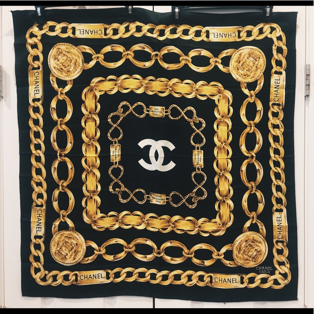 Vintage Chanel Gold Chain Silk Scarf 31 Rue Cambon